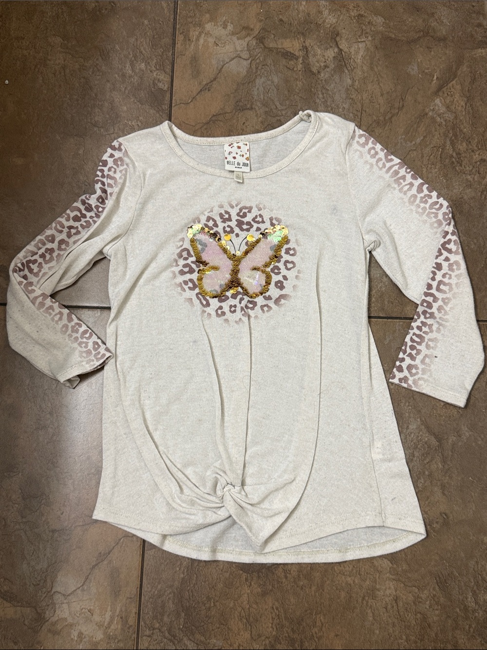 Belle Du Jour Cream Sequin Butterfly Knot-Front Long Sleeve Top